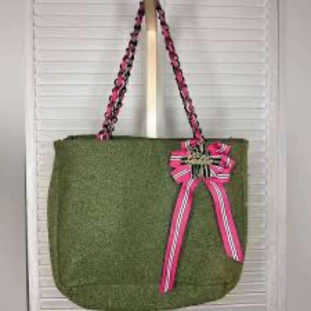 Goldie Olive Shoulder Bag with Pink Ribbon Detail